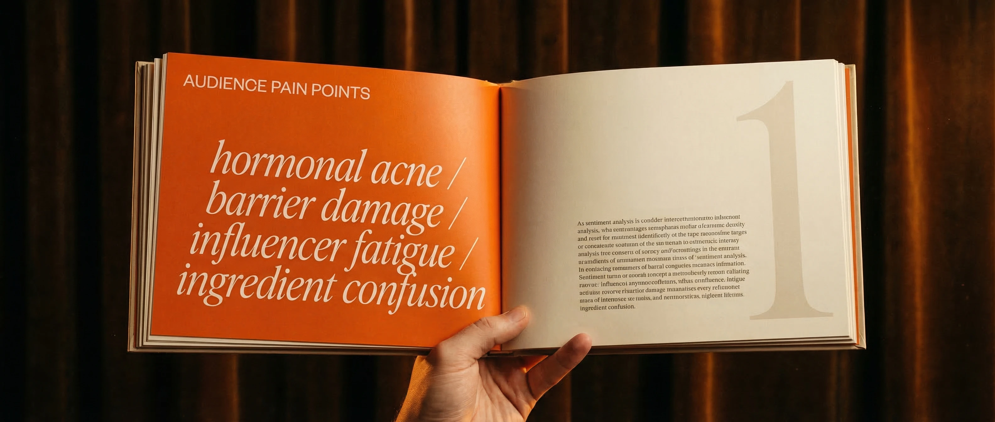 Open intelligence brief showing audience pain points, sentiment analysis, and deployable ad hooks in editorial typography
